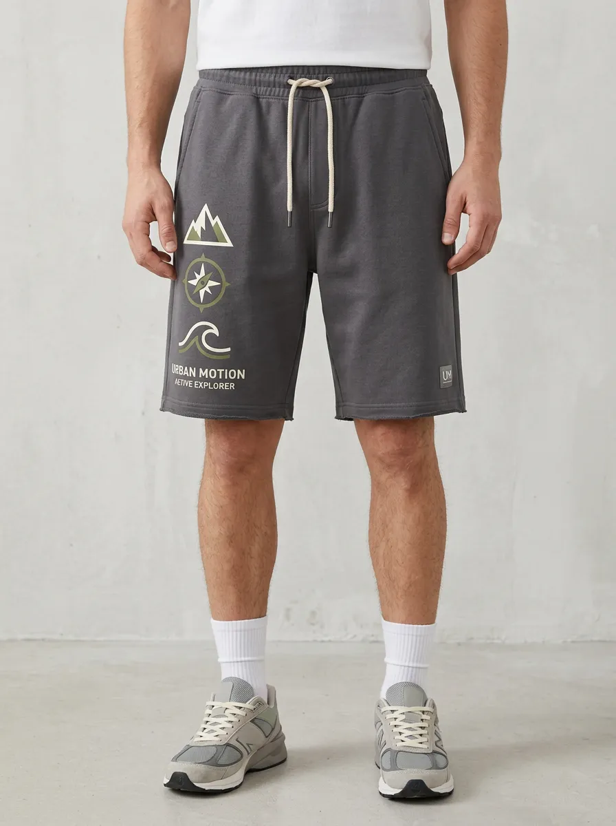 Men's Mountain Compass Wave Elastic-Waist Printed Sweat Shorts