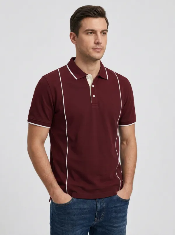 Men's Navy Blue White Piping Contrast Trim Printed Polo Shirt