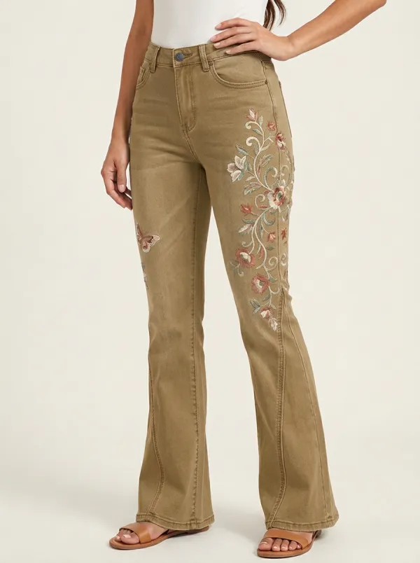 Women's Vintage Floral Butterfly Embroidered Printed Flare Jeans