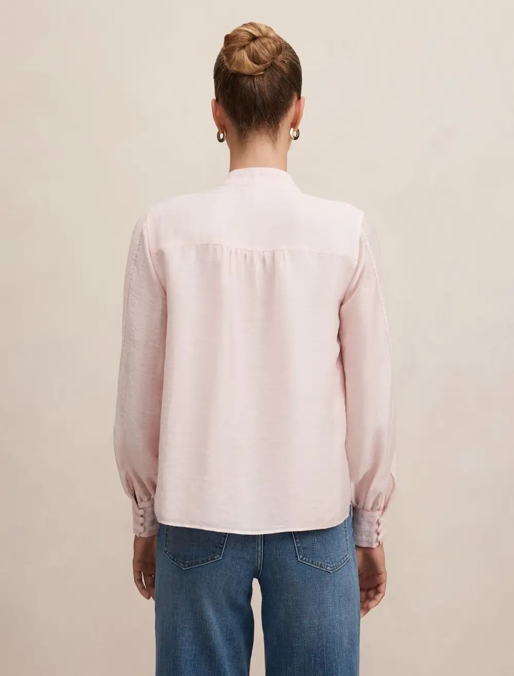 Light Pink Lace Trim Long Sleeve Button Blouse