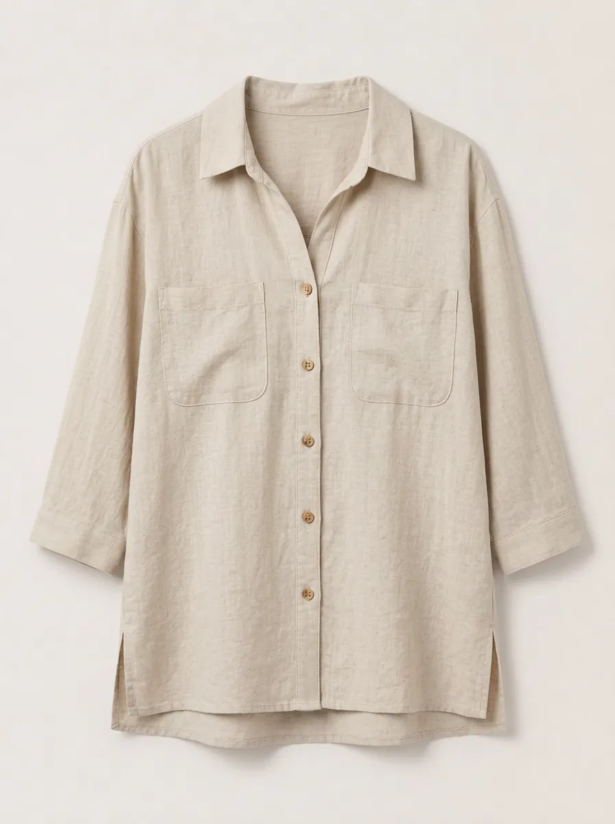 Women's Beige Button-Down Shirt with Dual Chest Pockets