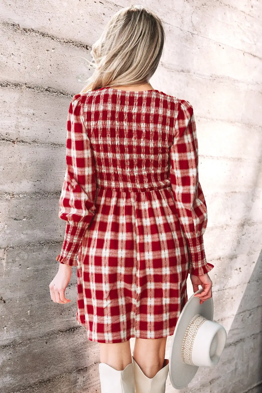 Women's Plaid Printed Puff Sleeve Mini Dress