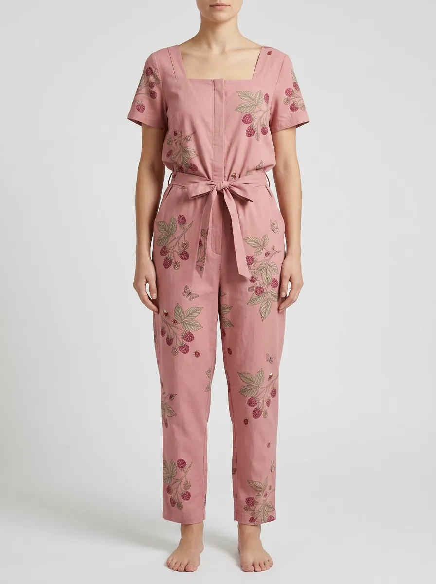 Women's Graphic-Print Short-Sleeve Tie-Waist Jumpsuit