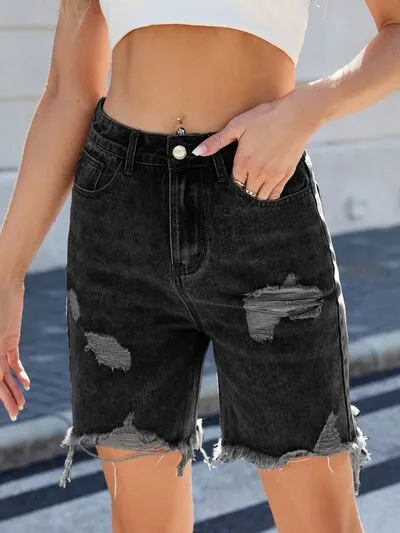 Distressed Raw Hem Shorts Detail Denim Pants