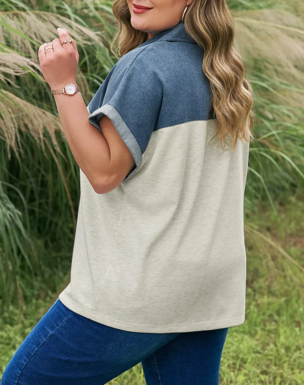 Women's Patchwork Denim Collared Top