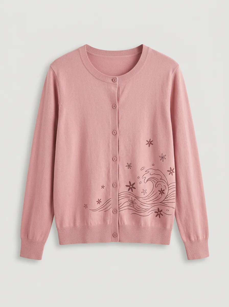 Women's Crewneck Graphic Floral-Motif Cardigan