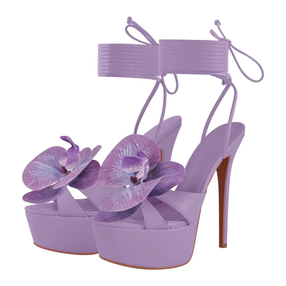 Round Toe Flower Platform Lace Up Stiletto Sandals