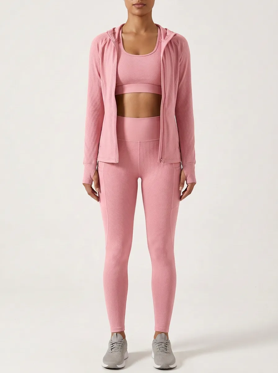 Training Textured Detail Zip Detail Essential Women's Three Piece Activewear Set
