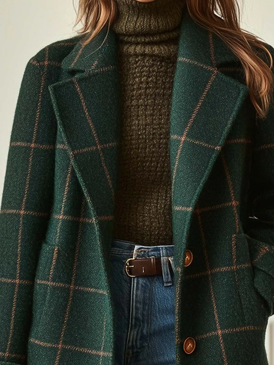 Checked Wool Blend Single Breasted Coat