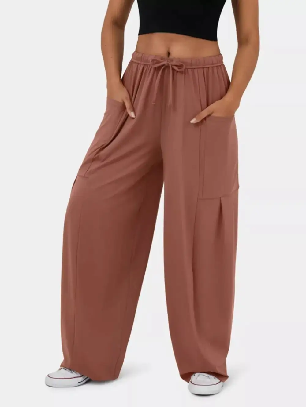 High Waisted Drawstring Wide Leg Pants