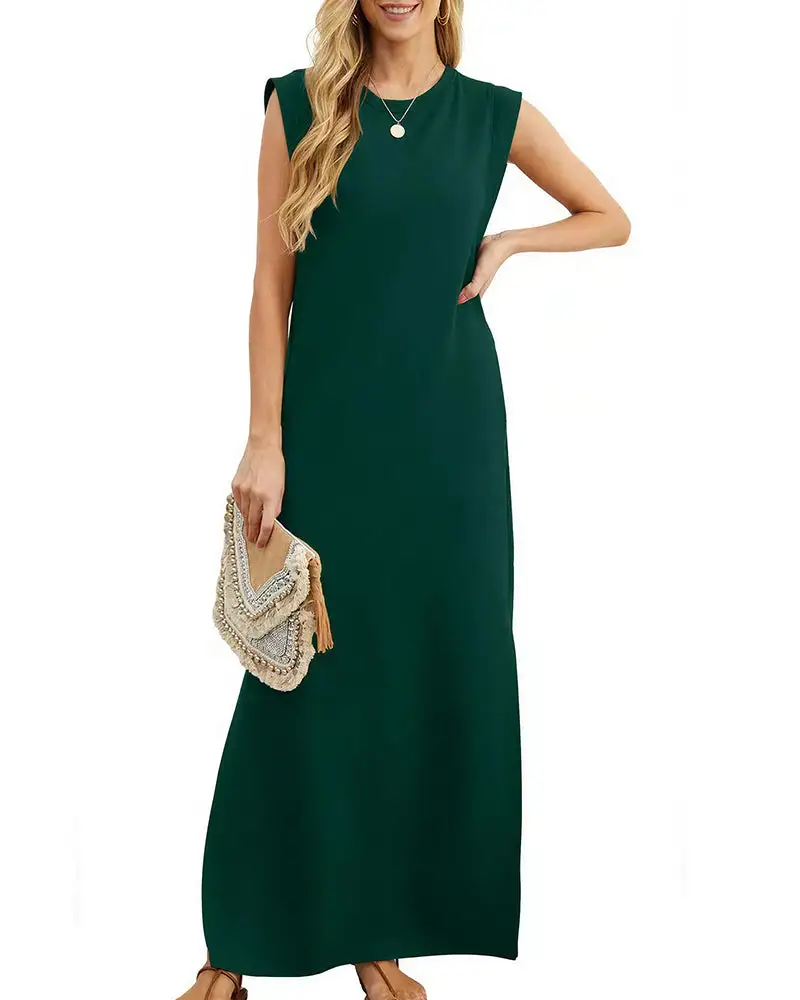 Casual Sleeveless Split Maxi Dress With Pockets