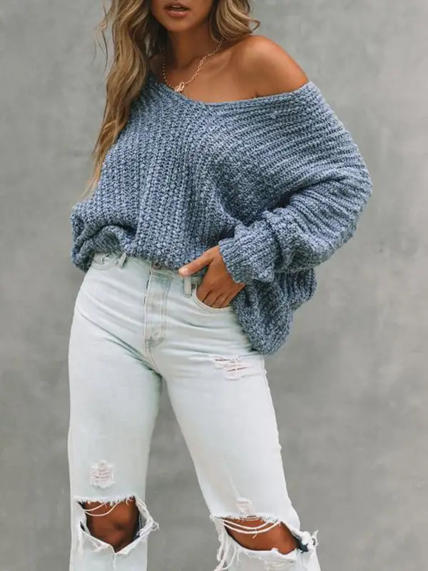 V-Neck Long Sleeve Relaxed Fit Pullover Sweater