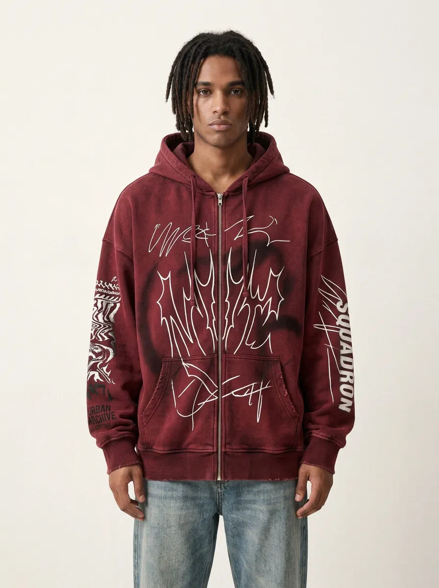 Men's Streetwear Urban Graffiti Print Washed Zip-up Hoodie