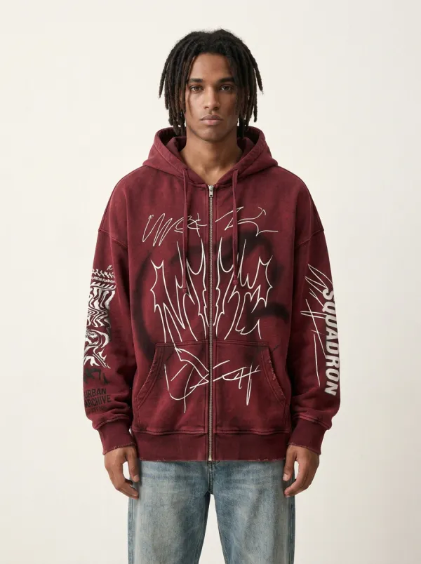 Men's Streetwear Urban Graffiti Print Washed Zip-up Hoodie