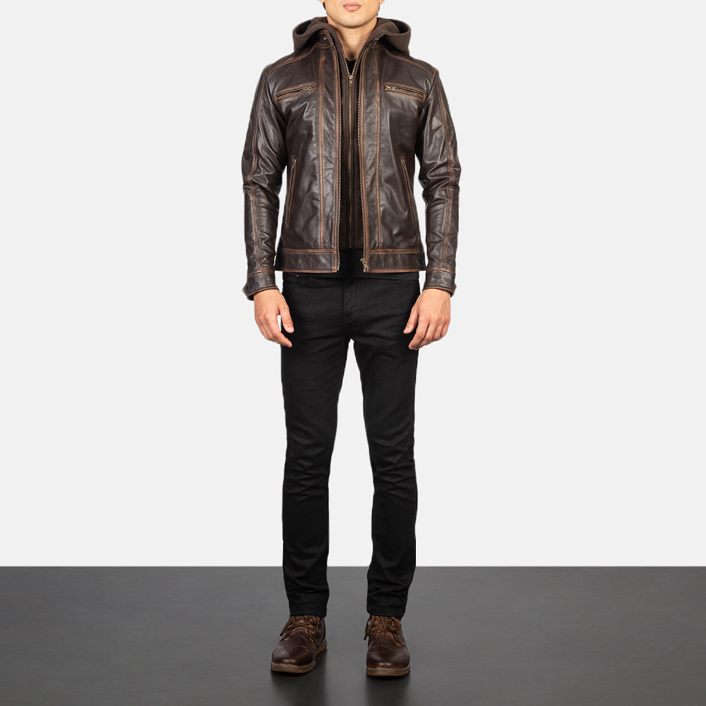 Men's Rugged Biker Hooded Leather Jacket