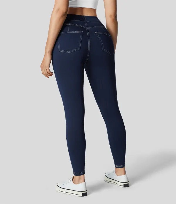 Magic Curvy High Waisted Decorative Button Multiple Pockets Stretchy Knit Denim Casual 7/8 Leggings