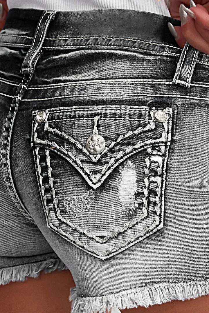 Embroidered Ripped Raw Hem Denim Shorts