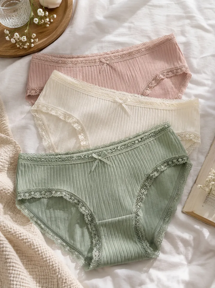 Women's Ribbed Bow Detail Lace Trim 3-Piece Underwear Set
