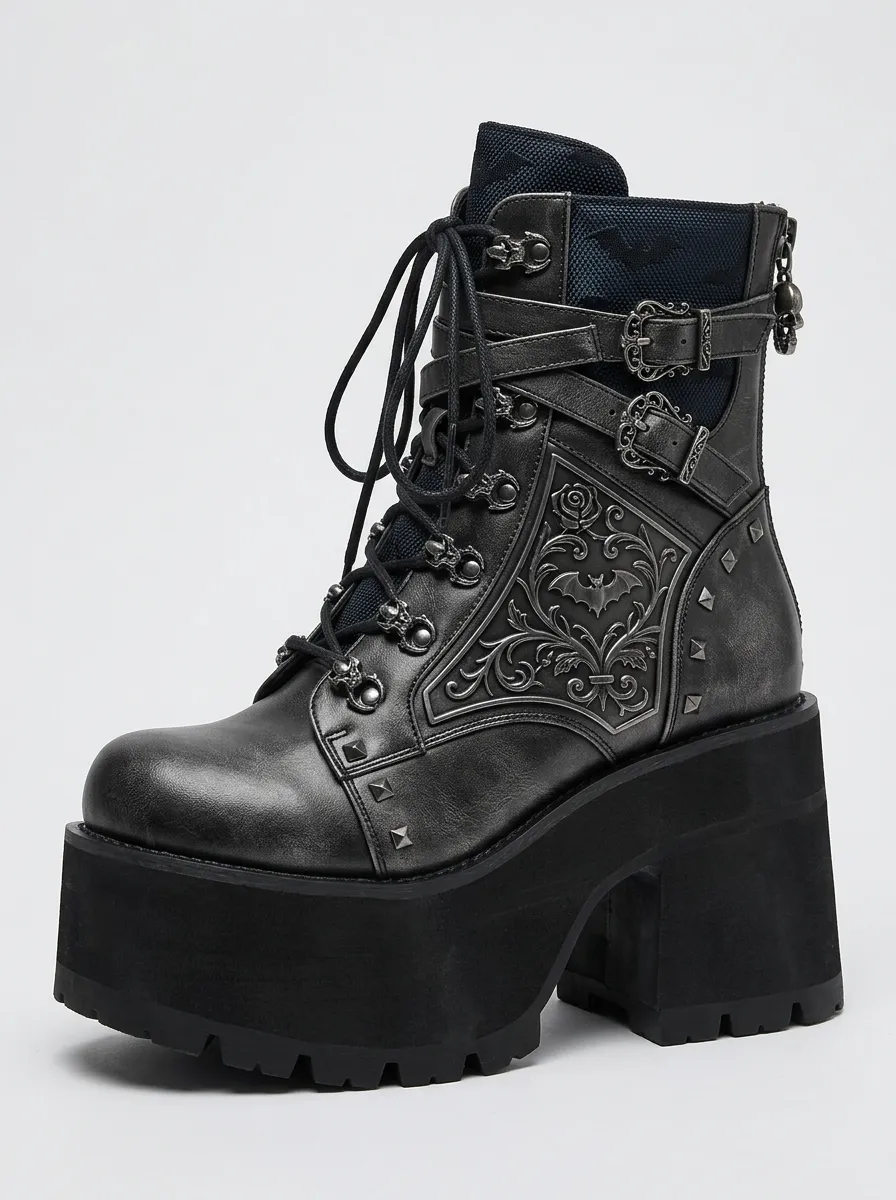 Mystic Bat Rose Floral Detail Women's Gothic Platform Boots