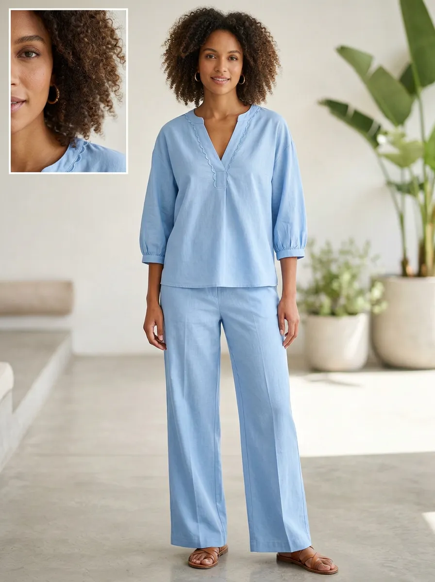 Short-Sleeve Three-Quarter-Sleeve Scalloped-Trim Women's V-Neck Shirt