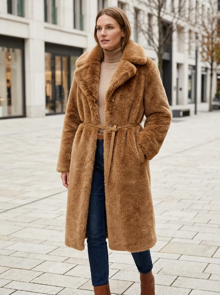 Clean-Line Belted Longline Faux Fur Coat