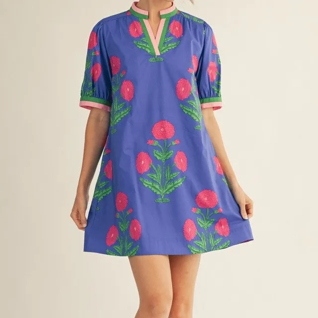 Floral Striped Short Sleeve Shift Dress