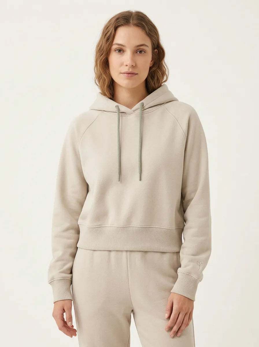 Women's Minimalist Solid Beige Embroidered Flower Pullover Hoodie