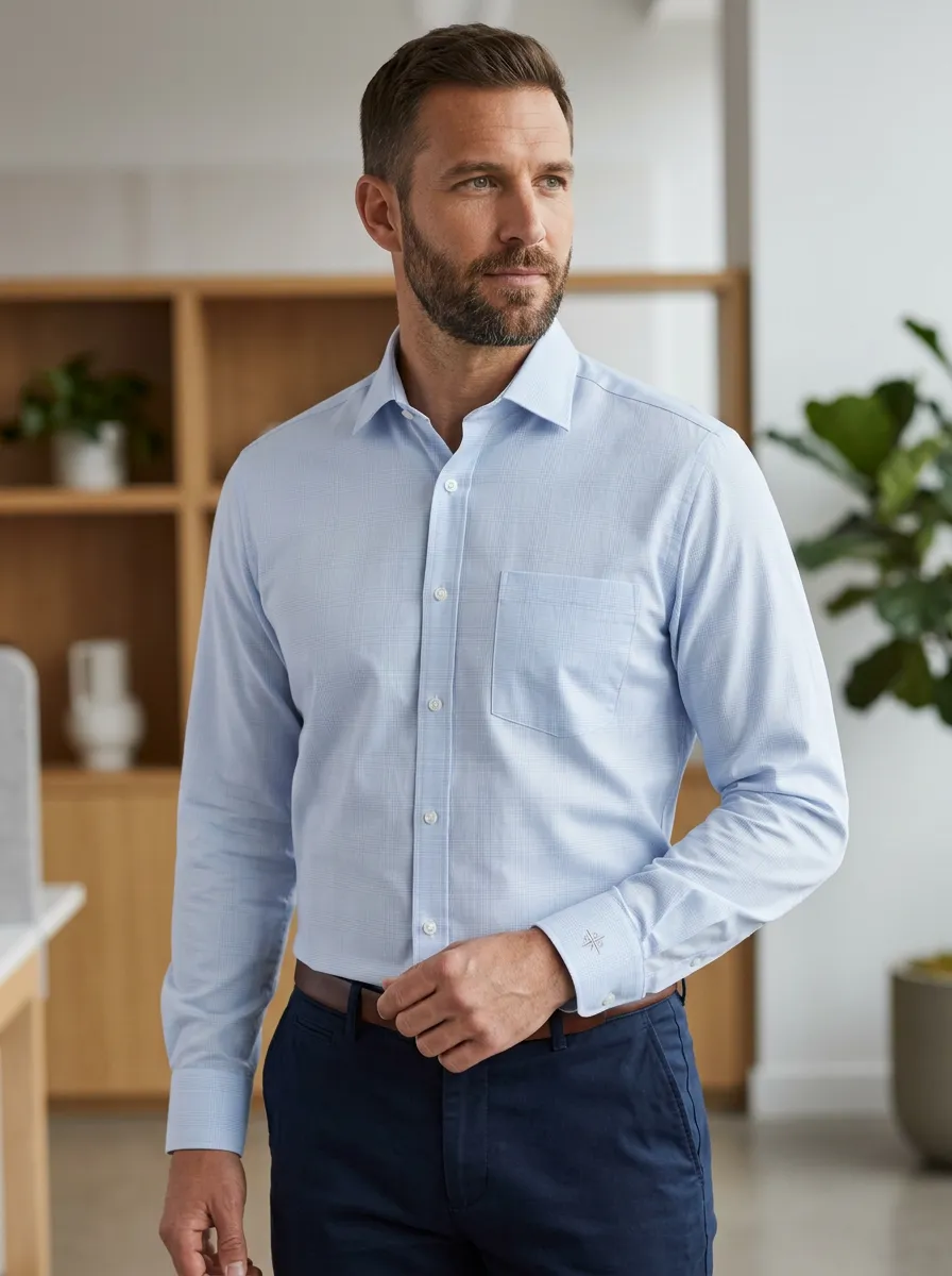 Men's Business Casual Non-Iron Cotton Micro-Check Printed Dress Shirt