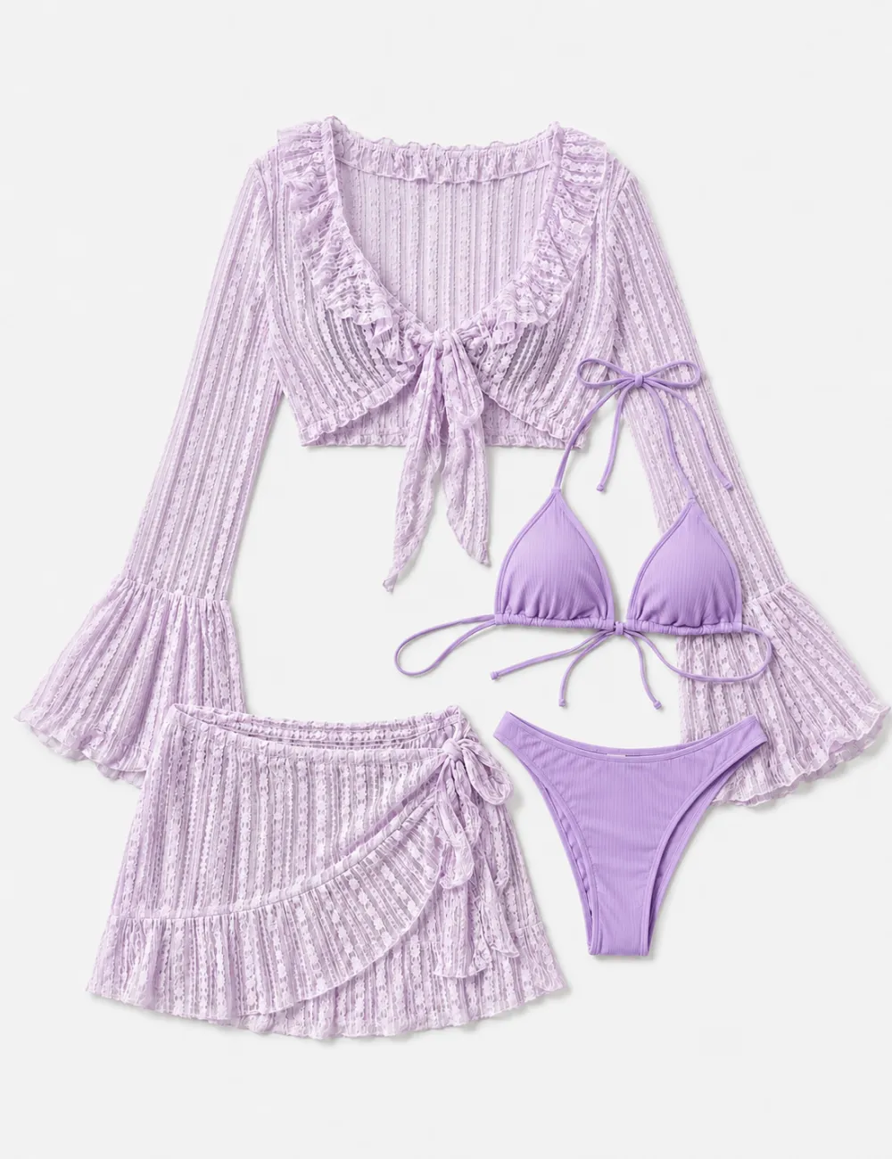 Solid Color Triangle Bikini Four Piece Set with Cover Up and Mini Skirt