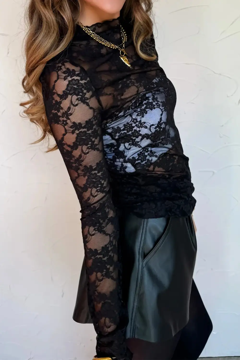 Floral Print Mesh Fitted Stretch Knit Long Sleeve Top