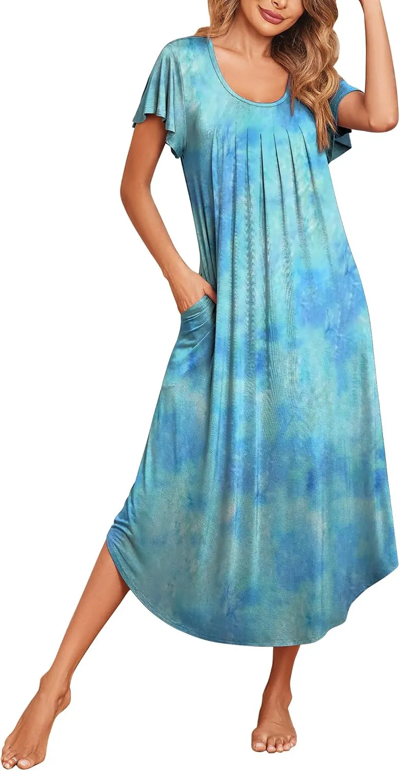 Ekouaer Long Nightgowns for Women with Pockets Short Sleeves House Dresses
