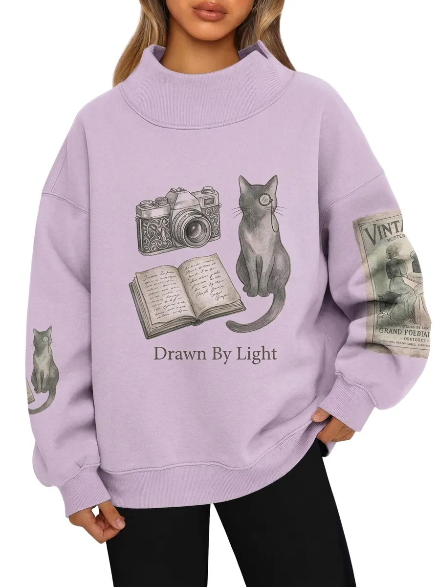Women's Vintage Cat Camera Book Drawn By Light Graphic Sweatshirt