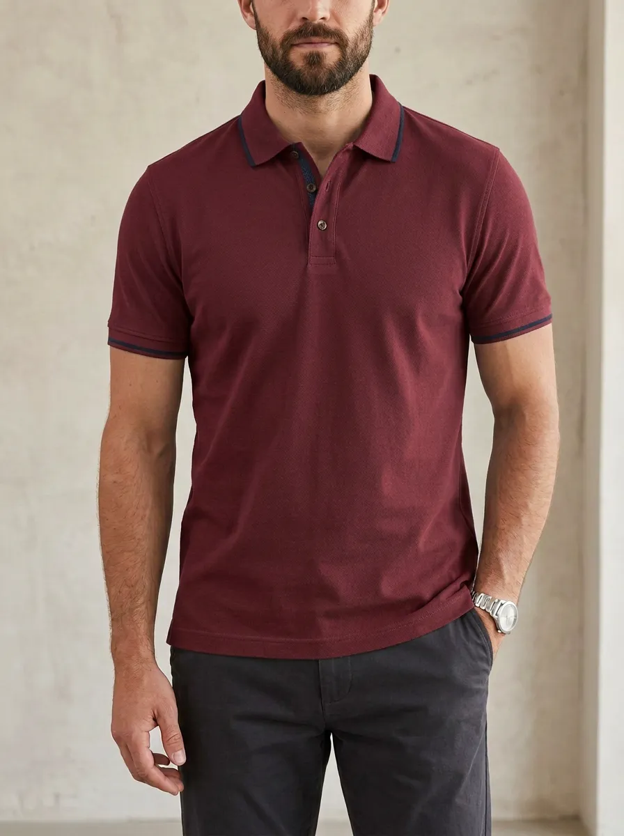 Men's Casual Minimalist Solid Blue Contrast Trim Polo Shirt