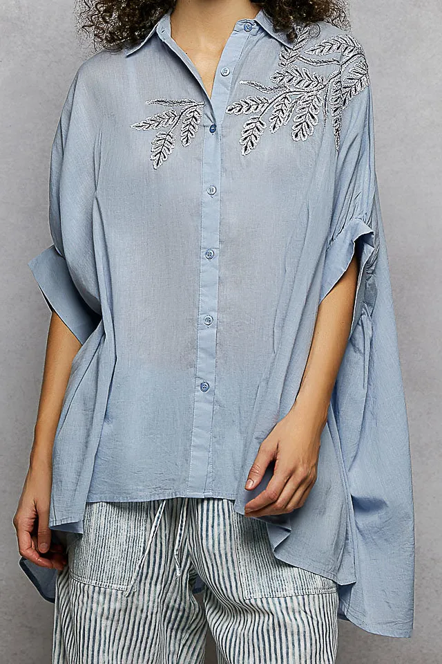 Button Down Embroidered High Low Hem Shirt