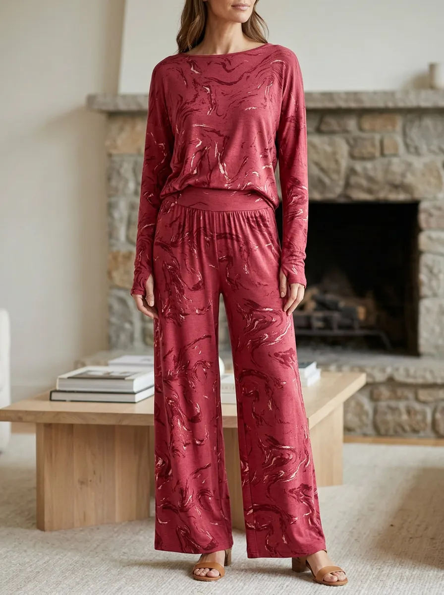 Women's Modern Lounge Marble Patterned Long Sleeve Wide Leg Pants Set