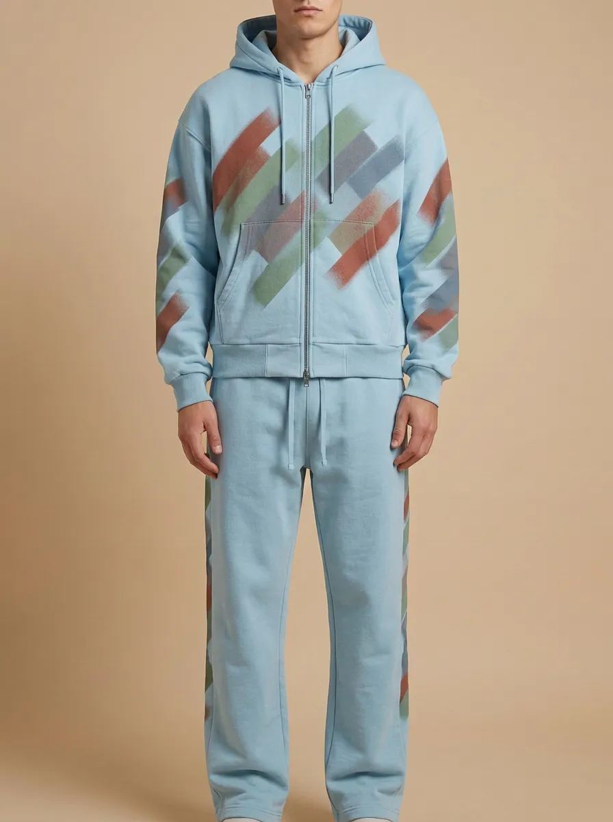 Men's Streetwear Urban Style Spray Paint Stripe Printed Hoodie Tracksuit