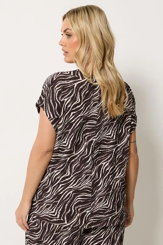 Brown Zebra Print Crinkle Grown On Sleeve Top