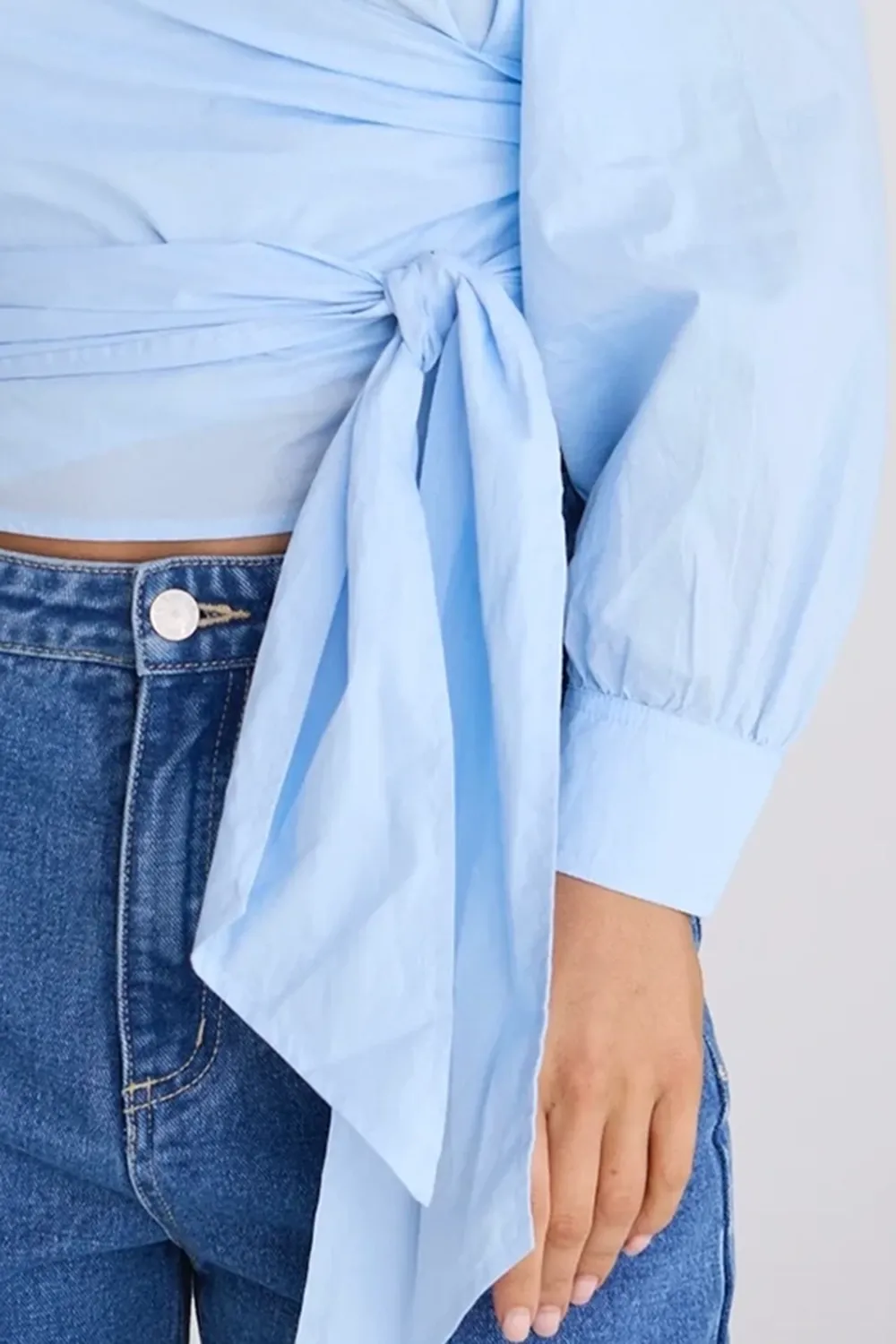 Light Blue Wrap Front Long - Sleeve