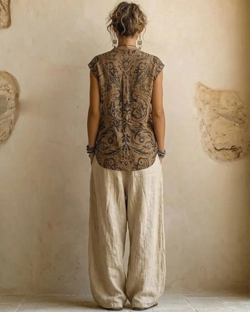 Boho Three-Piece Outfit Printed Top Wide Leg Pants