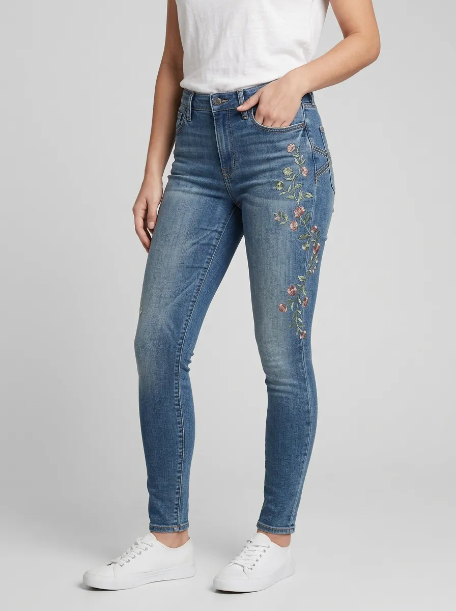 Women's Ridge Floral Vintage Rose Embroidered Printed Slim Jeans