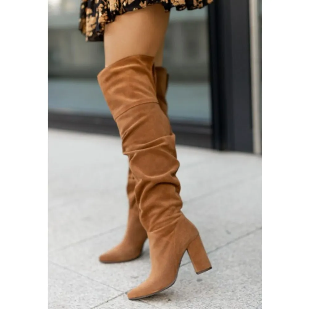 Warm Suede Over Knee Boots Block Heel Thigh Tall Boots