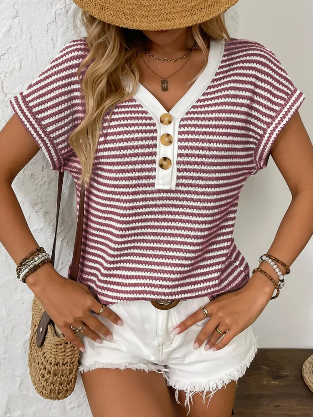 V-Neck Short-Sleeve Button-Detail Striped T-Shirt
