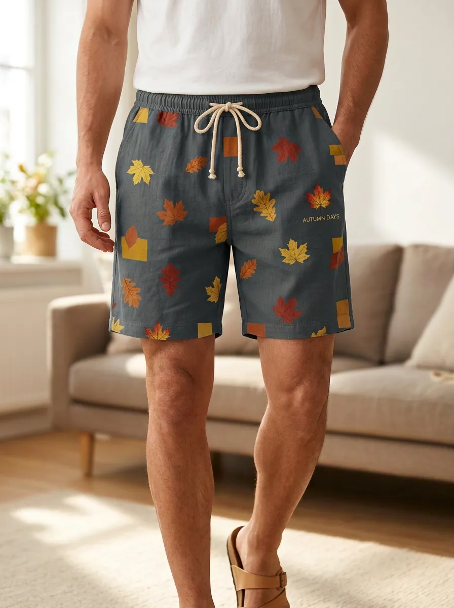 Leaf Print Drawstring Drawstring Shorts