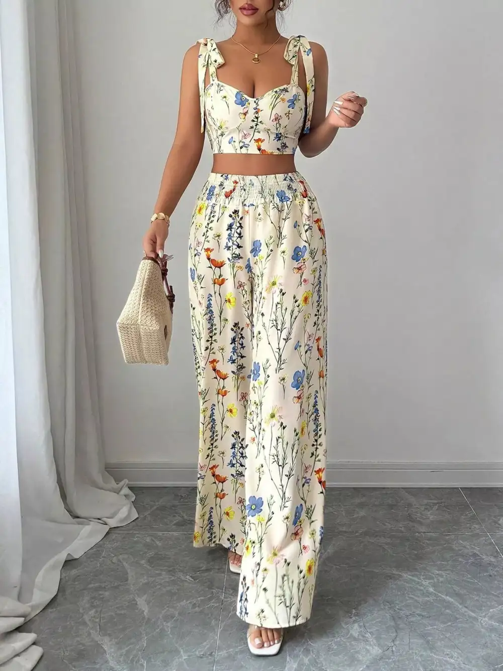 Floral Print Tie Shoulder Crop Top & Wide Leg
