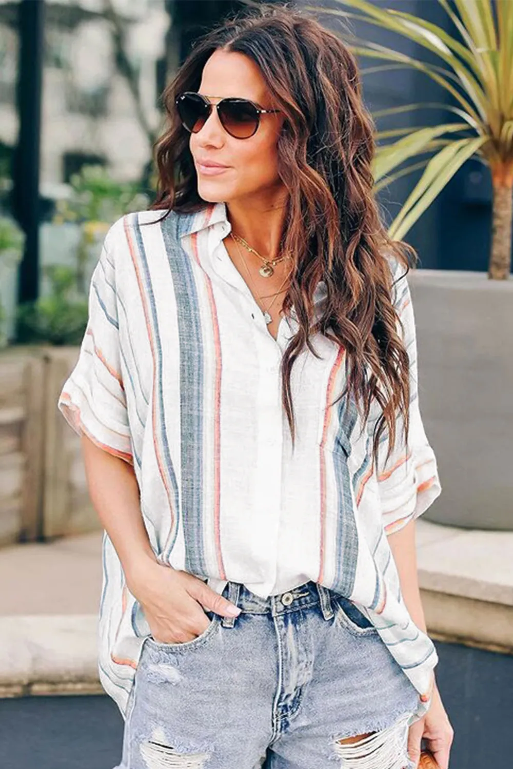V Neck Stripes Roll Up Shirt