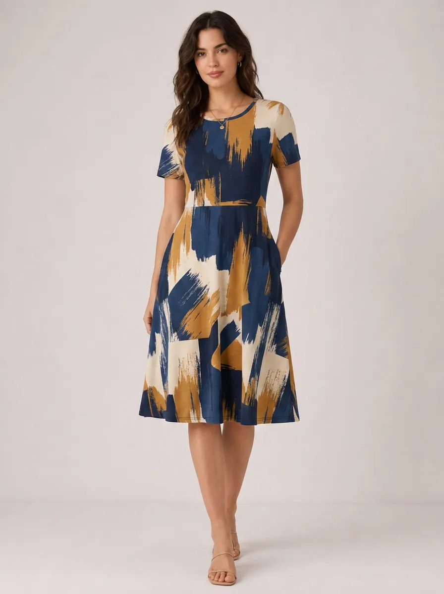 Women's Abstract Brushstroke Pattern Printed A-line Dress