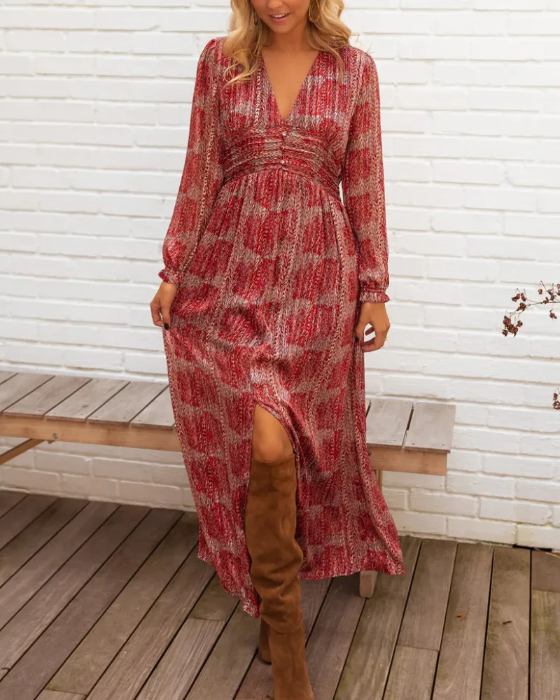 V-Neck Side Slit Maxi Tie Detail Dress