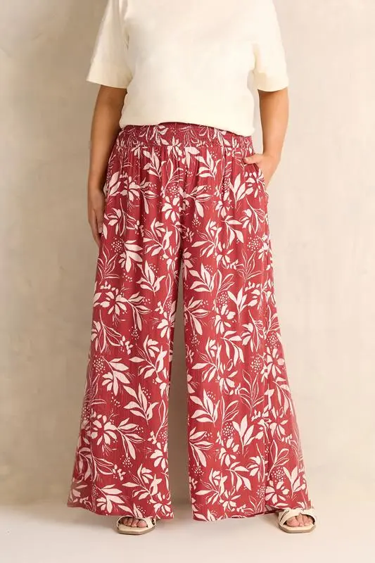 Orange Leaf Print Shirred Waist Trousers