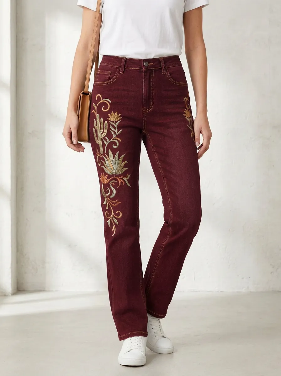 Women's Boho Style Cactus Floral Embroidered Straight Leg Jeans