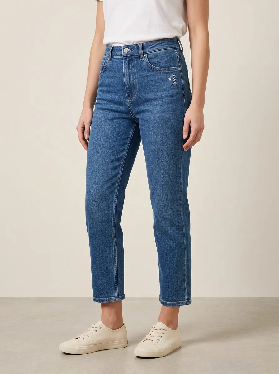 Women's Lighthouse Embroidered Left-Hip Contrast-Stitch High-Rise Straight-Leg Jeans